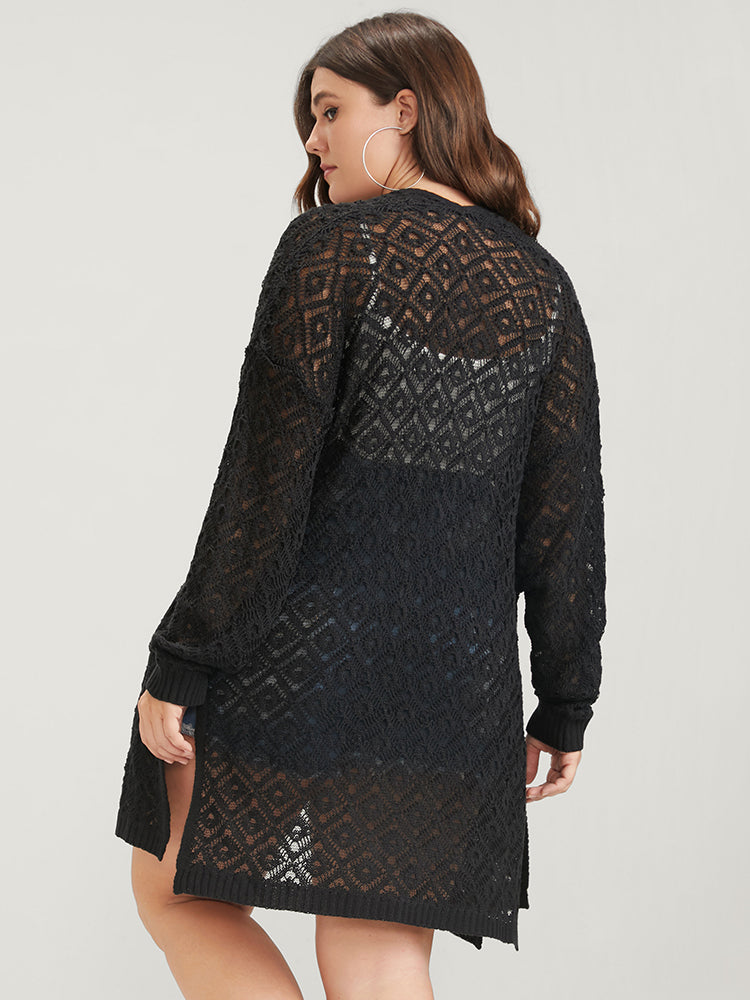 Plain Pointelle Knit Split Pocket Open Front Crochet Cardigan