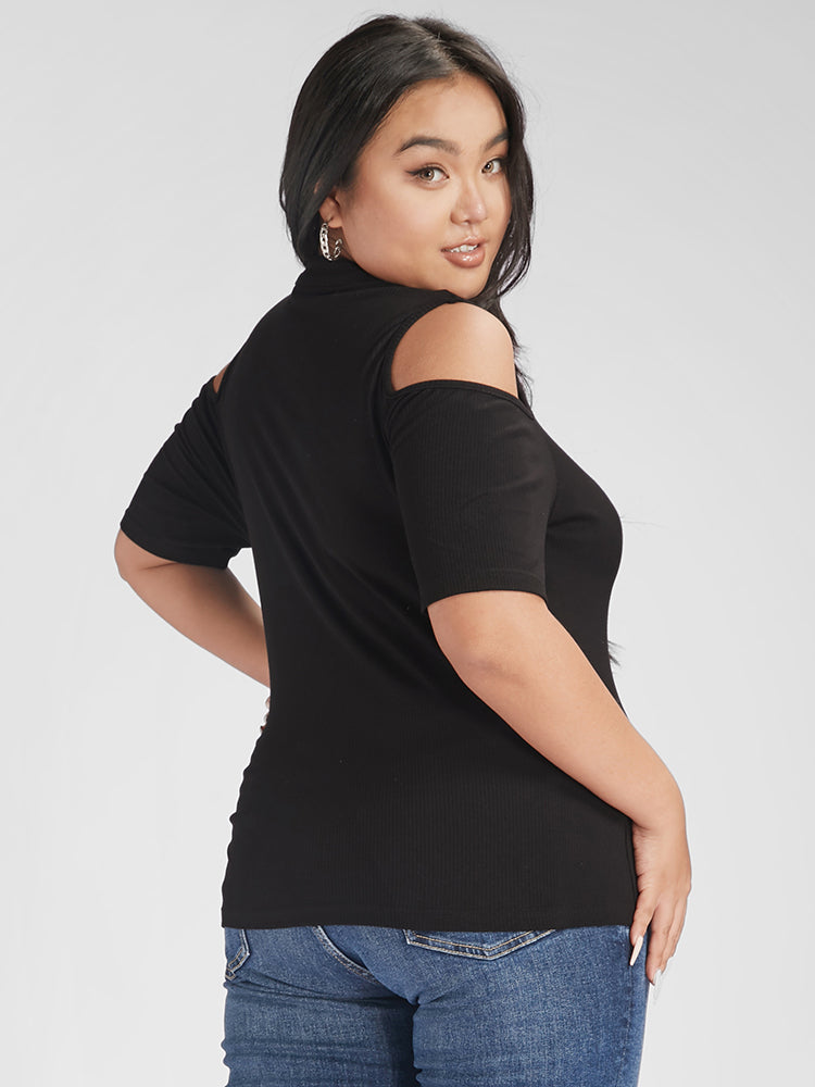 Plain Zipper Cold Shoulder T-shirt