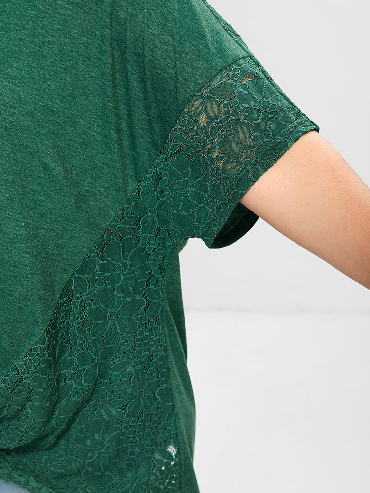 Solid Twist Front Dolman Sleeve Button Lace Modal T-shirt