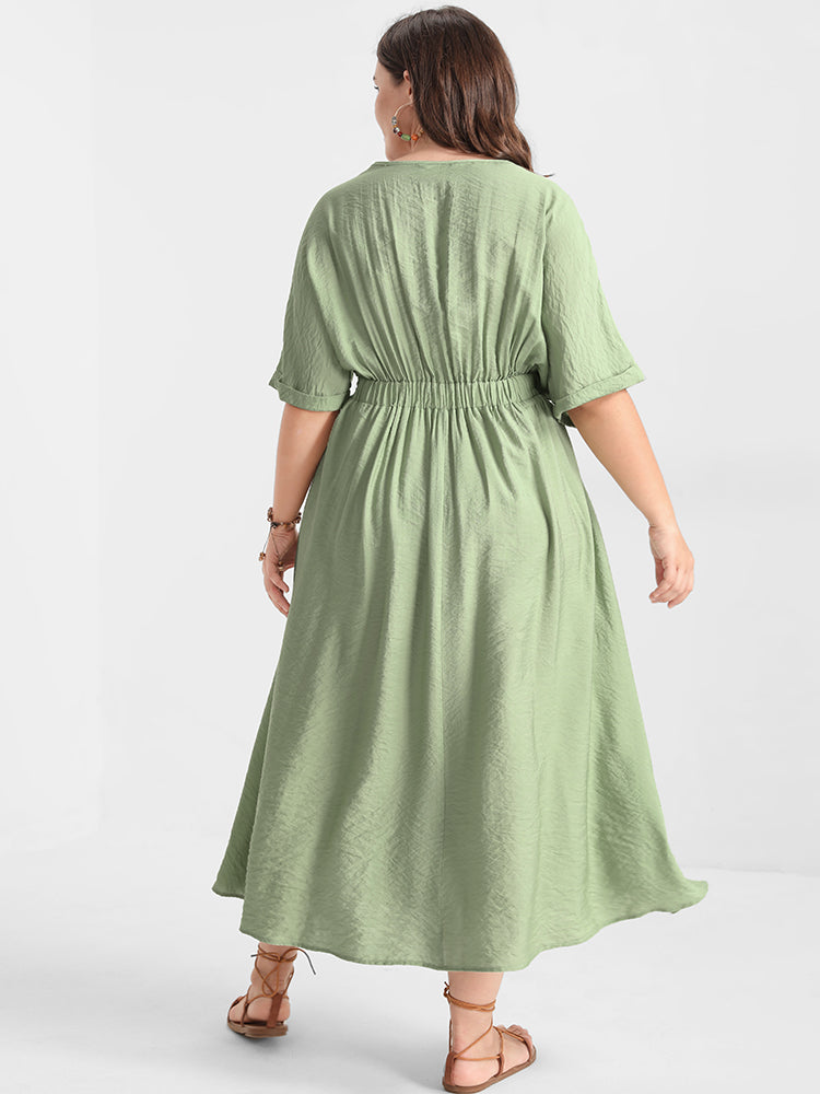 Solid Cuffed Sleeve Ruffles Split Shirred Wrap Dress