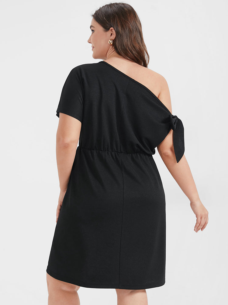 Plain Dolman Sleeve Knotted One Shoulder Dress