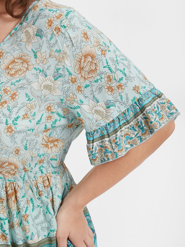 Floral Ties Ruffles Trim V Neck Blouse