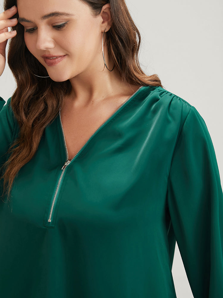 Solid Half Zip Button Sleeve Blouse