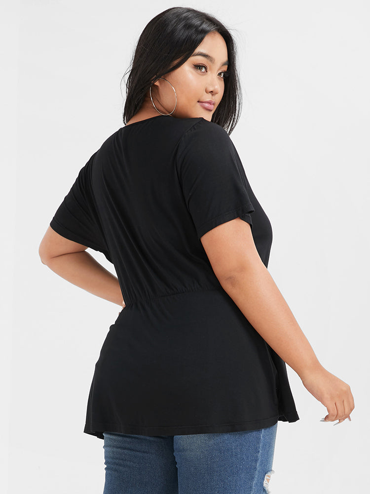 Solid V Neck Contrast Lace Babydoll T-shirt