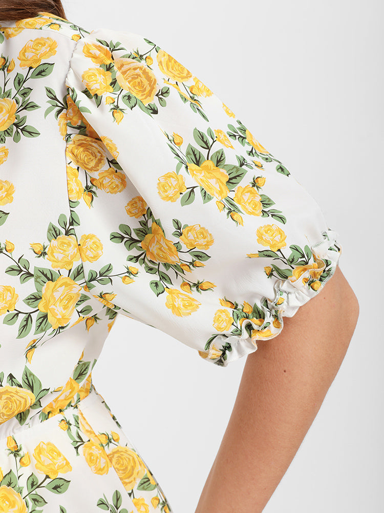 Floral Lantern Sleeve Ruffled Knotted V Neck Blouse