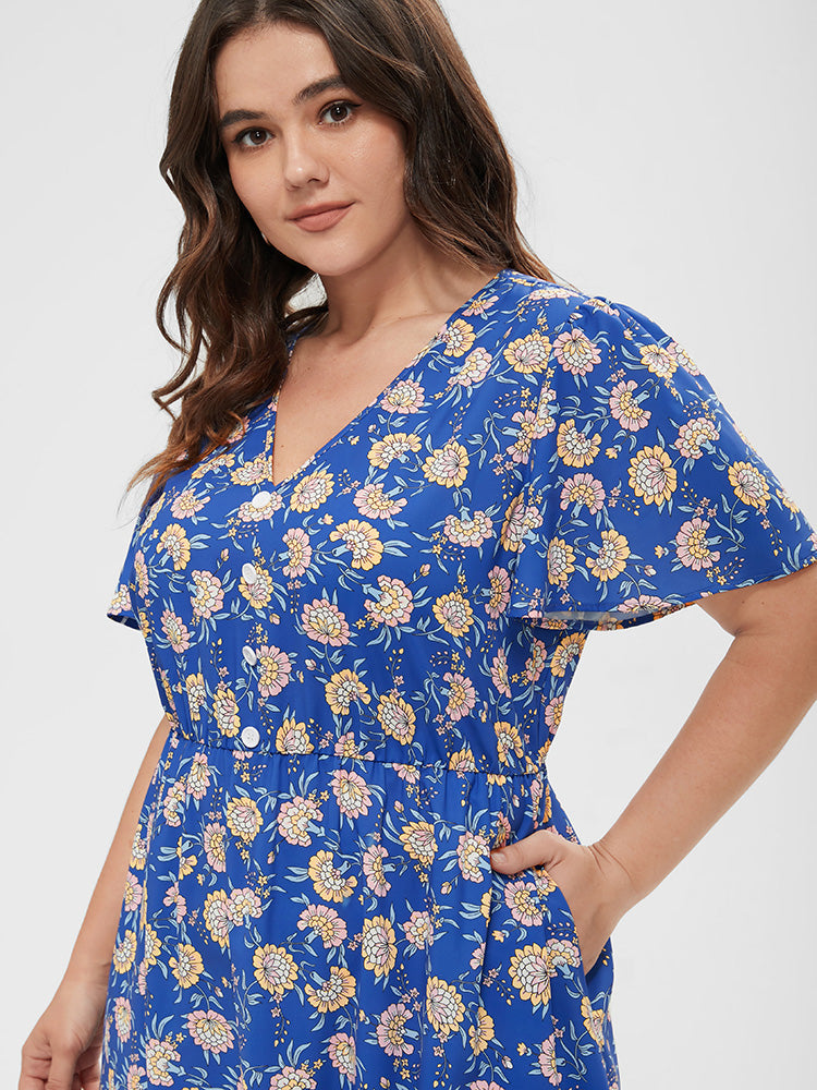 Floral Button High Low Hem Pocket Midi Dress