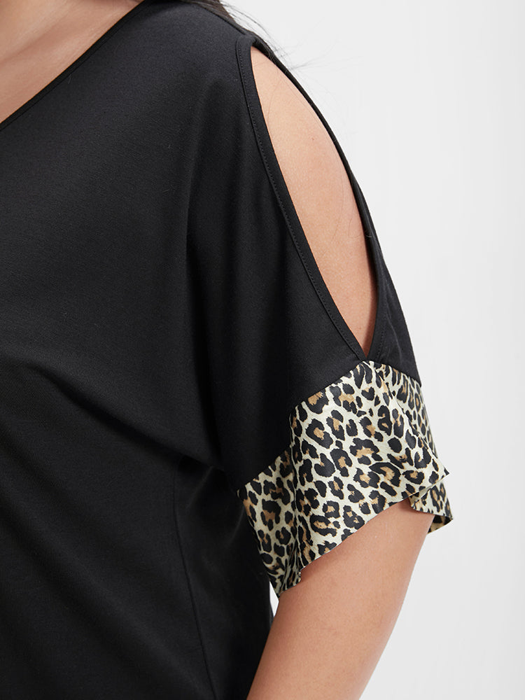 Solid Leopard Patchwork Cold Shoulder T-shirt