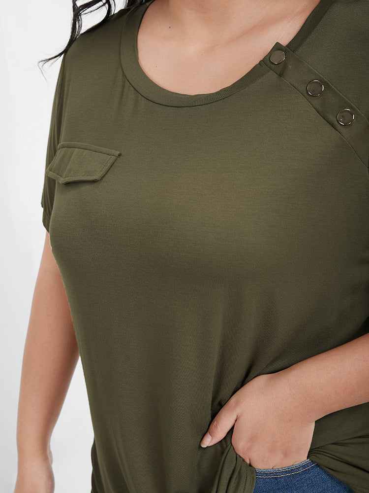 Solid Fake Button Round Neck Modal T-shirt