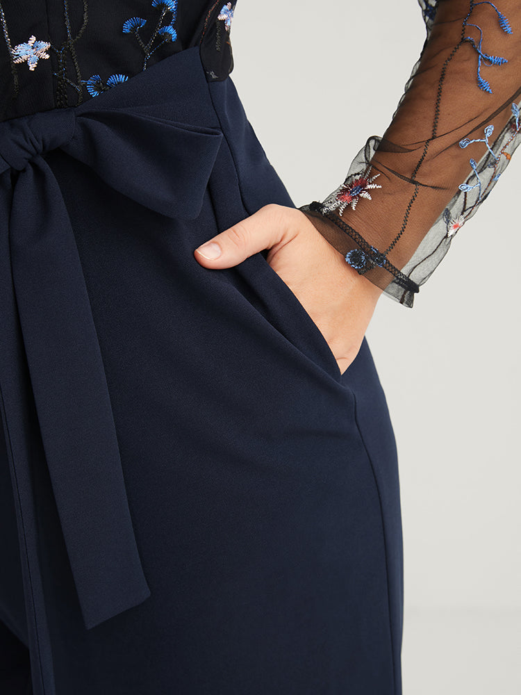 Solid Pocket Embroidered Mesh Sleeve Knotted Jumpsuit