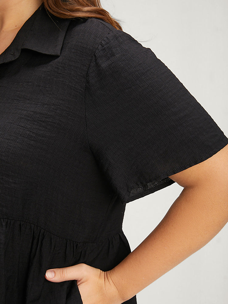 Solid Pocket Asymmetrical Hem Button Shirt Collar Blouse