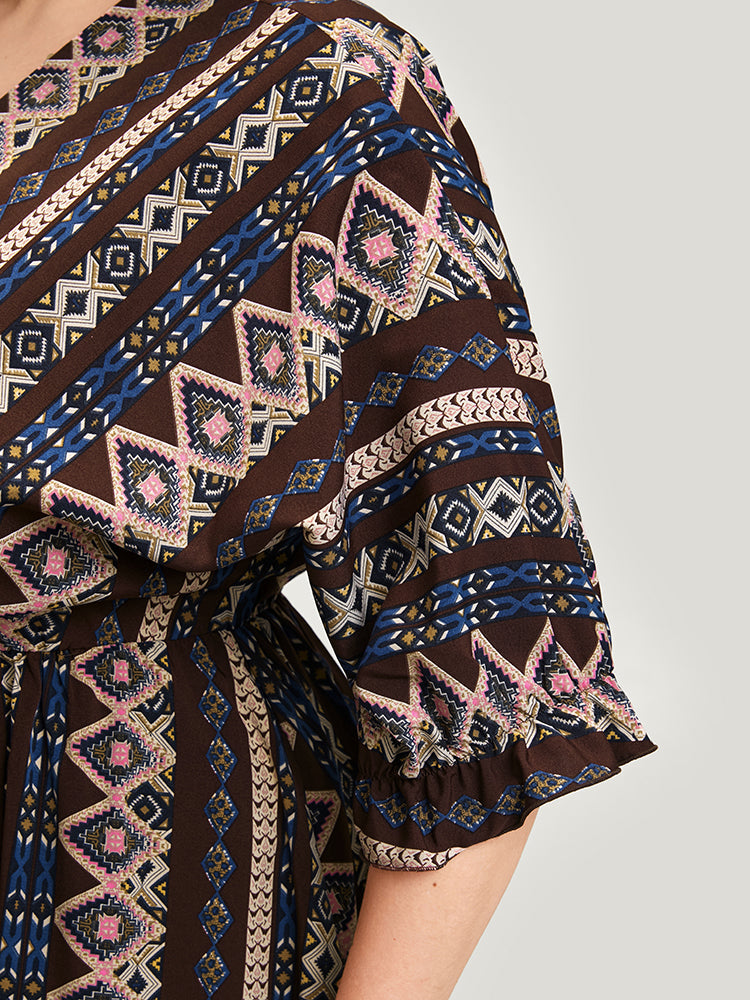 Striped Pocket Split Dolman Sleeve Wrap Midi Dress