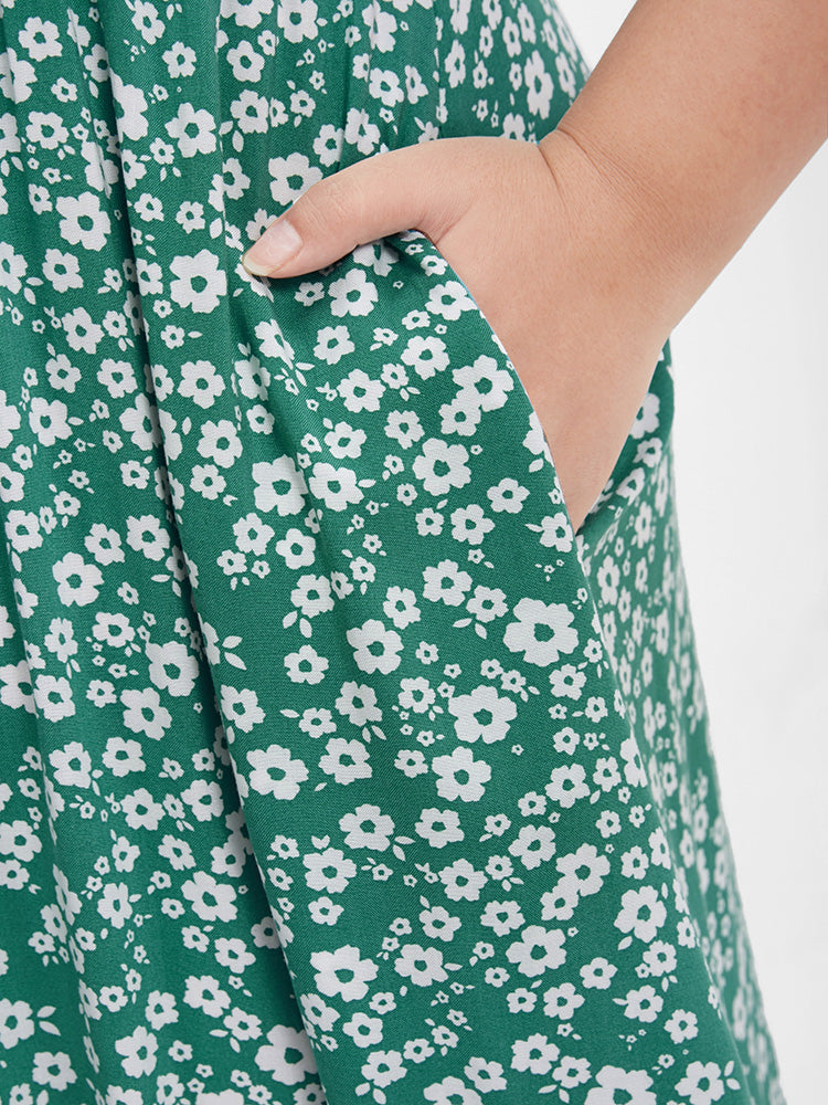 Ditsy Floral Ruffles Asymmetrical Hem Pocket Cold Shoulder Dress