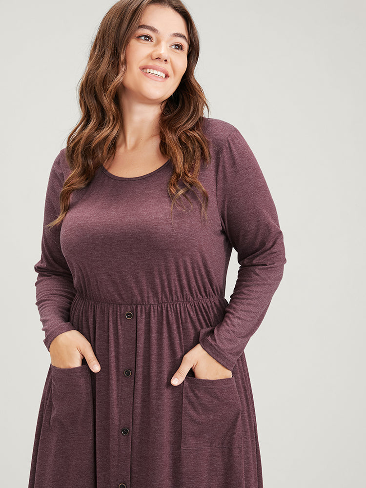 Solid Round Neck Pocket Button Front Knee Dress