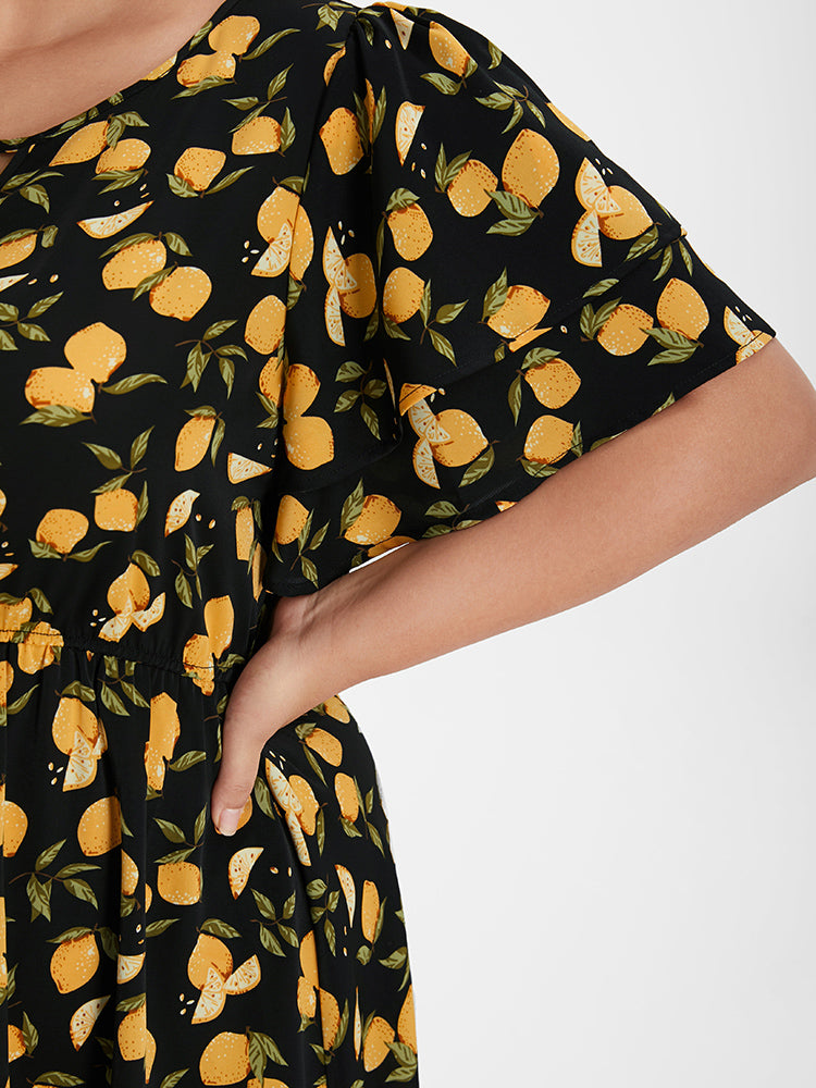 Bloom Dress - Lemon Print Ruffled Cut-out Knee Dress