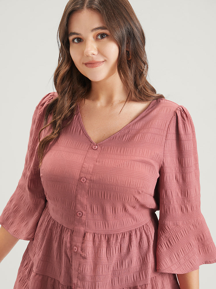 Solid Textured Ruffle Tiered Fake Button Bell Sleeve Blouse