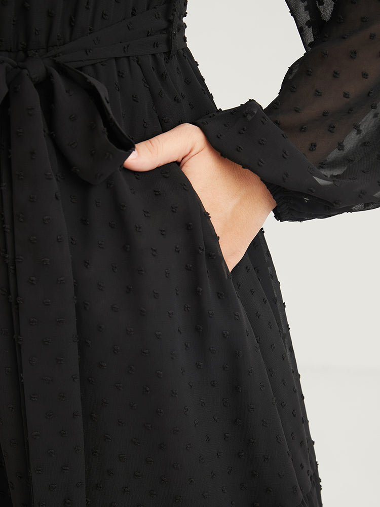 Polka Dot Button Lantern Sleeve Pocket Ruffles Belted Dress