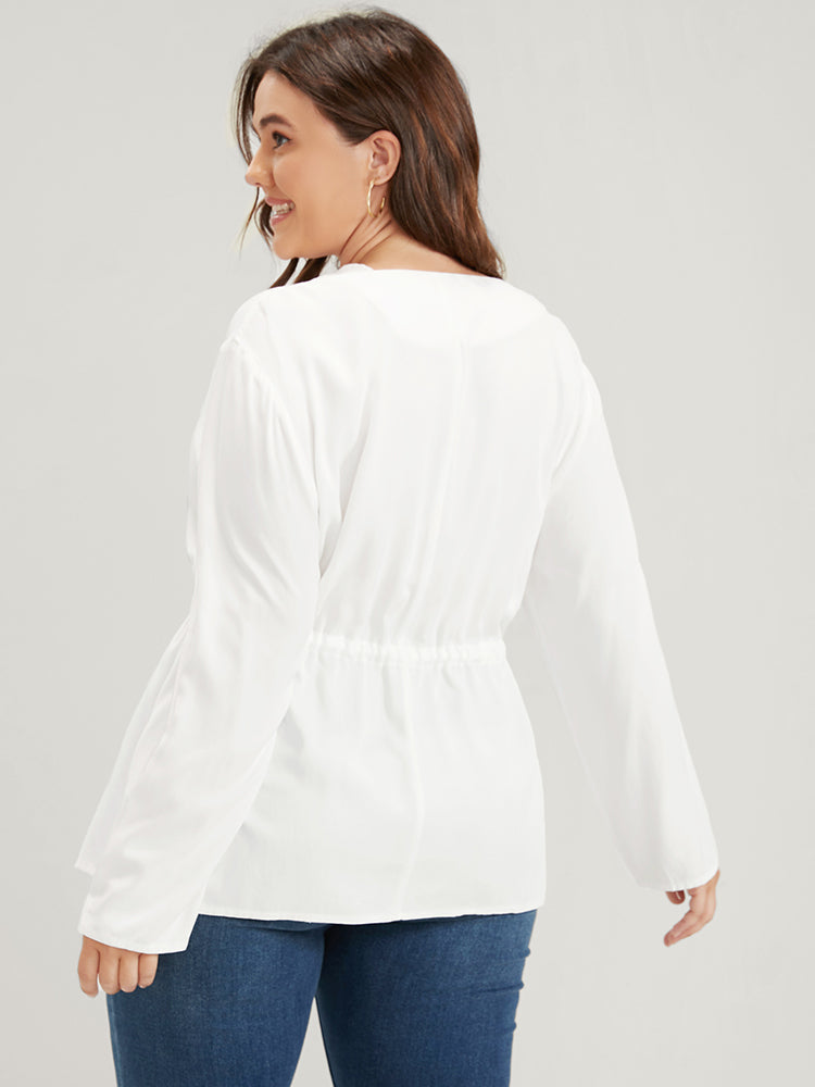 Plain Button Front Drawstring V Neck Blouse
