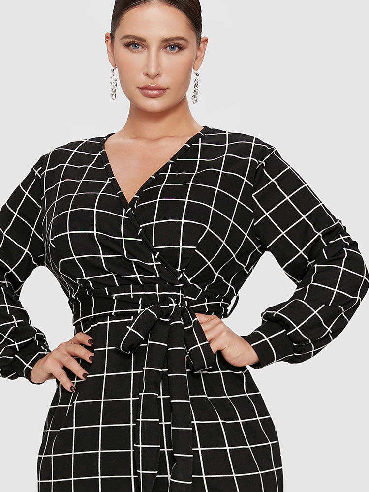 Plaid Belted Back Split Bodycon Dress