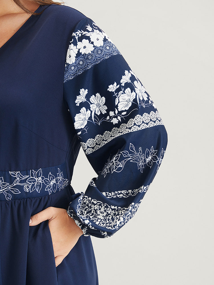 Bandana Pocket Split Button Lantern Sleeve Ruffles Wrap Maxi Dress