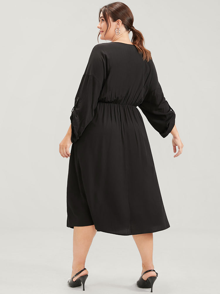 Plain Pocket Fake Button Cuffed Sleeve Flutter Hem Midi Dress