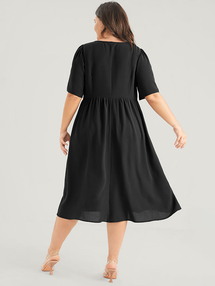 Plain Gathered Pocket Button Up Puff Sleeve Midi Dress