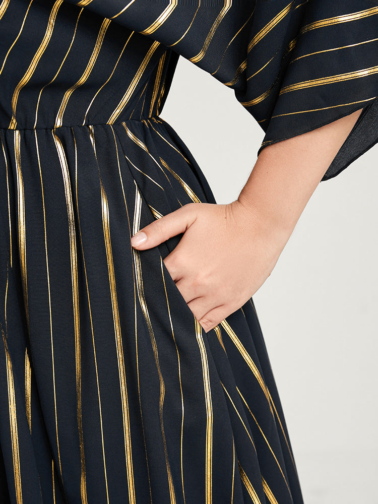 Striped Pocket Split Dolman Sleeve Wrap Maxi Dress