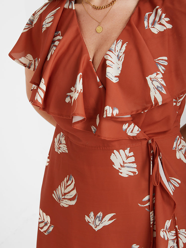Plant Print V Neck Wrap Knot Ruffled Dress