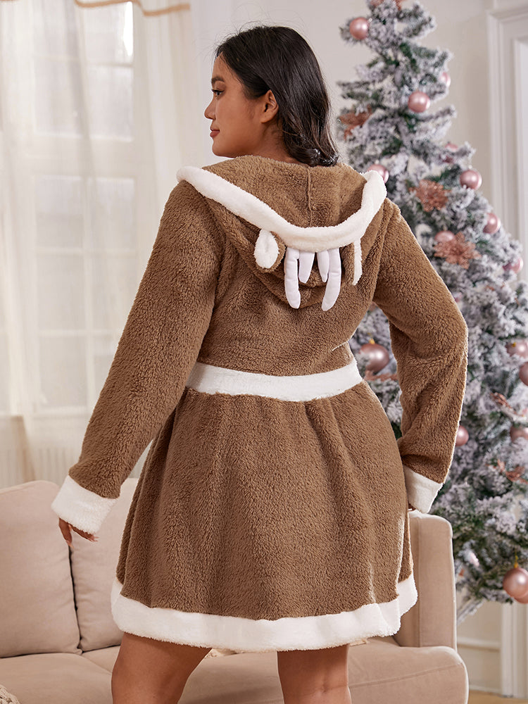 Contrast Plush 3D Antlers Hooded Dress