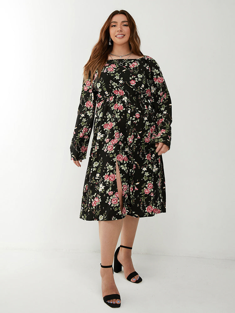 Floral Split Square Neck Dress