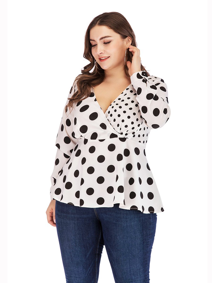 Polka Dot Wrap V-neck Blouse