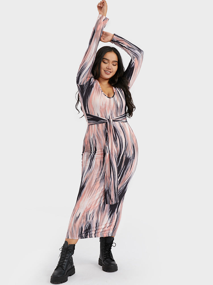 Belted Printing Crew Neck Dress