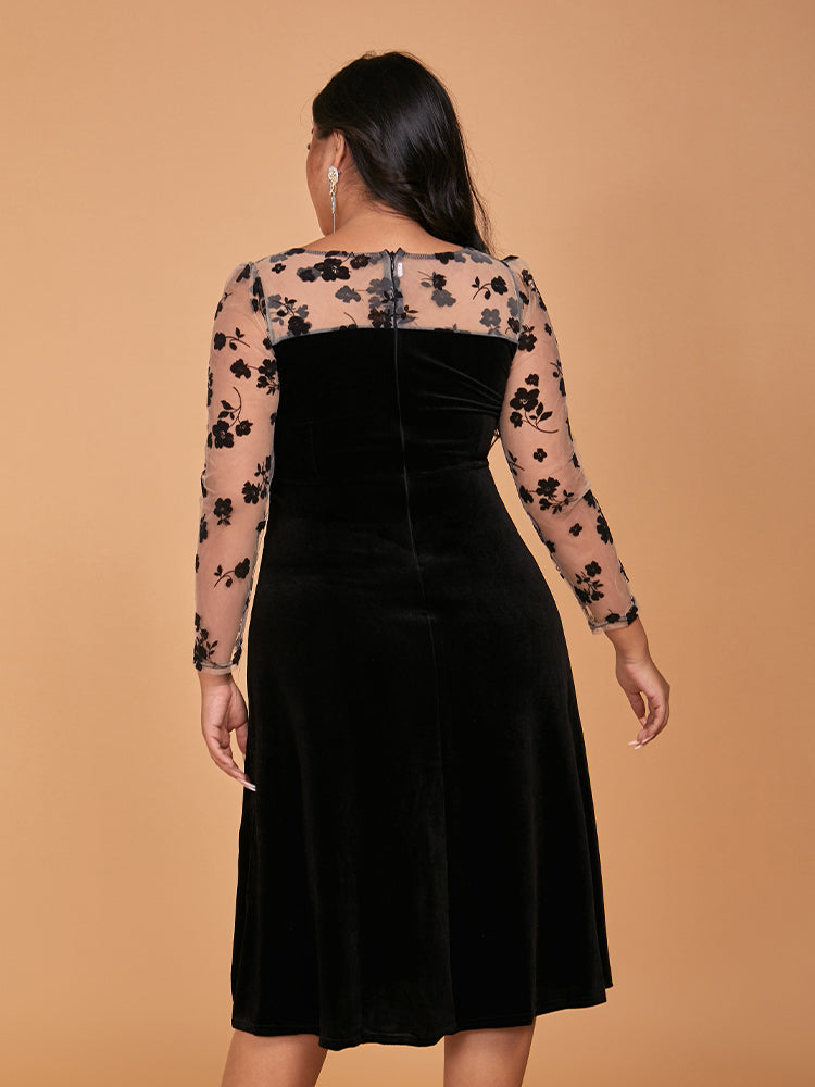 Floral Contrast Lace Velvet Split Dress