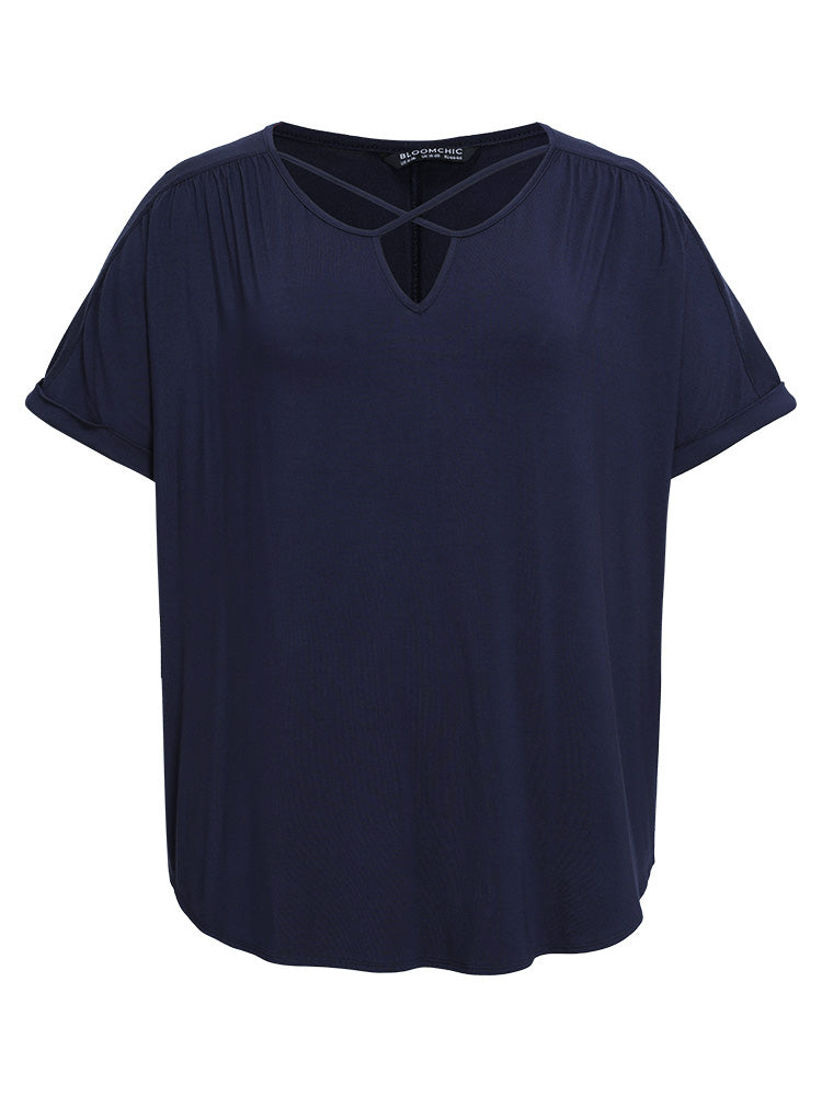 Solid Notched Crisscross Roll Batwing Sleeve T-shirt