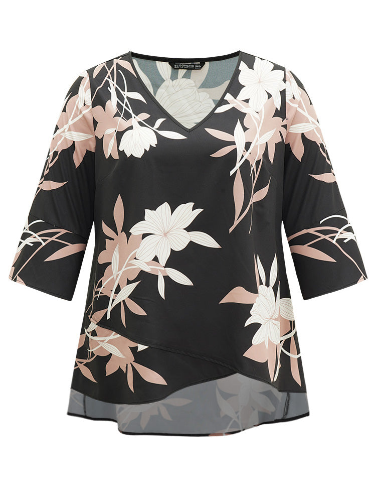 Floral Print Bell Sleeve Asymmetrical Hem Blouse