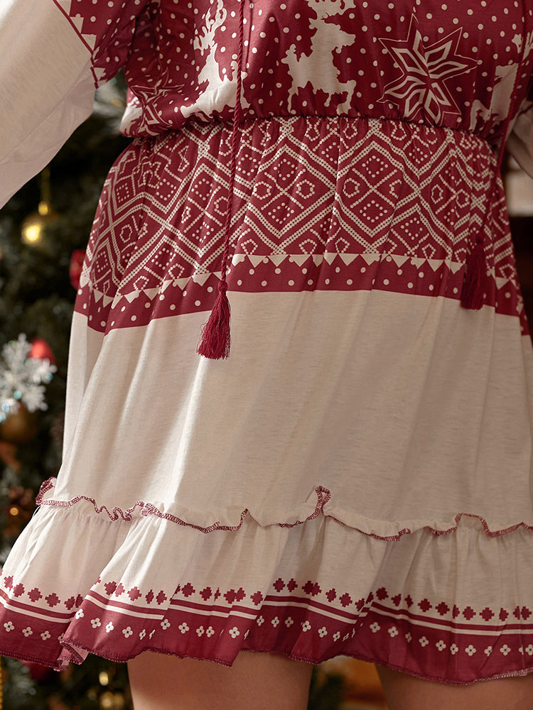 Christmas Print Drawstring Ruffle Hem Dress