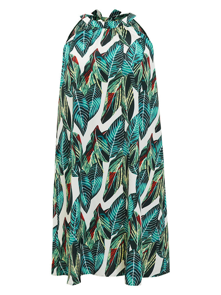 Tropical Print Pocket Keyhole Knotted Halter Dress