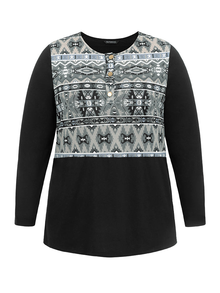 Boho Print Patchwork Button Up T-shirt