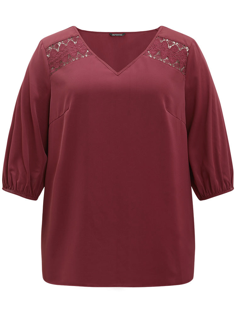 Solid Contrast Lace Lantern Sleeve Blouse