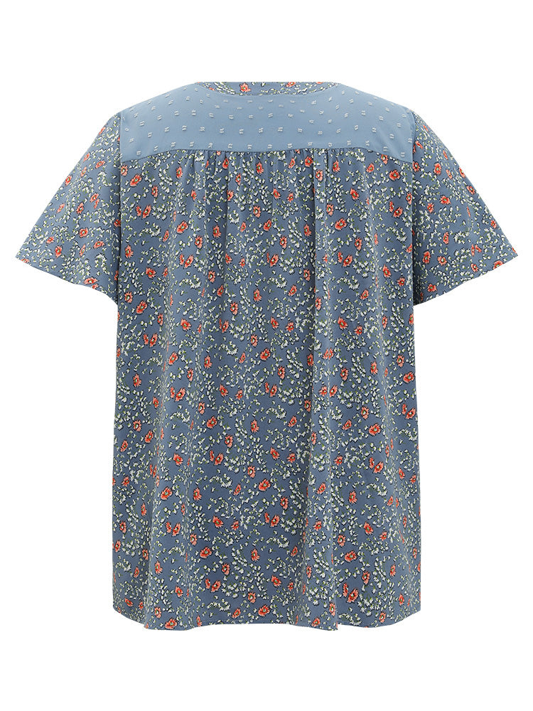 Ditsy Floral & Polka Dot Lace Notched Neck Blouse