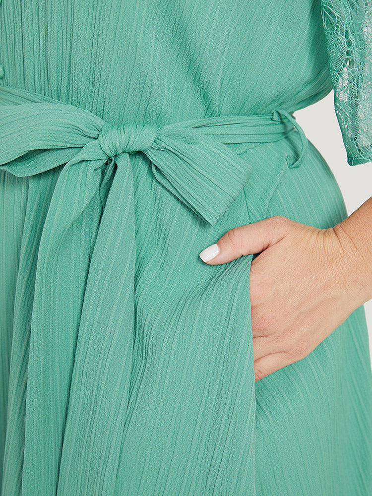 Plain Pocket Lace Raglan Sleeve Ruffle Belted Plisse Dress