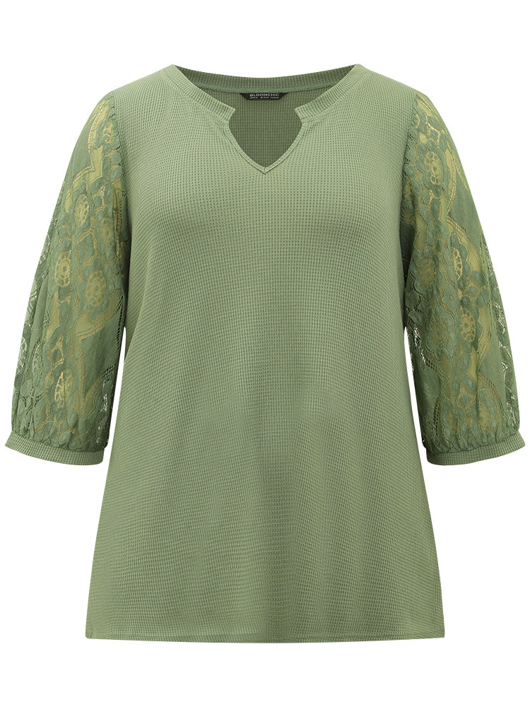 Plain Lace Patchwork Notched T-shirt