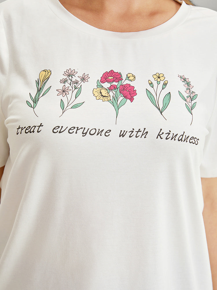 Floral & Letter Print Casual Crew Neck Graphic T-shirt