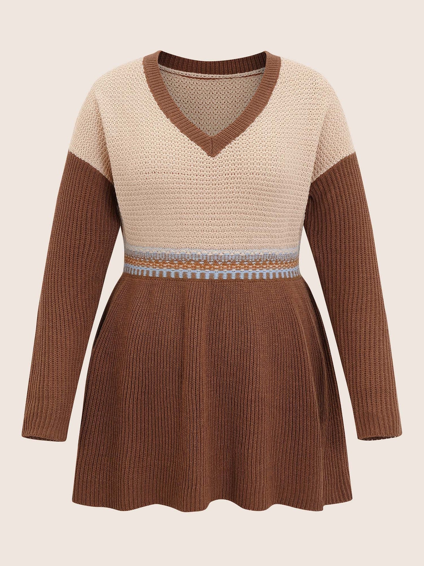 Colorblock Contrast Texture Elastic Waist Pullover