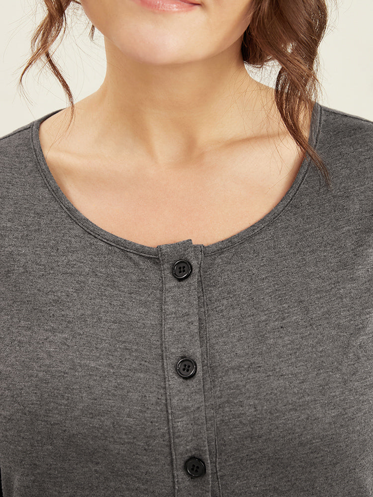 Solid Round Neck Button Up Pocket Sleep Romper