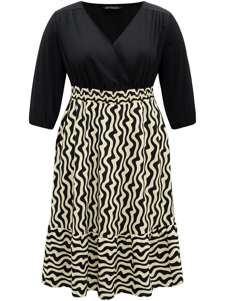 Geometric Twill Patchwork Shirred Elastic Waist Dress