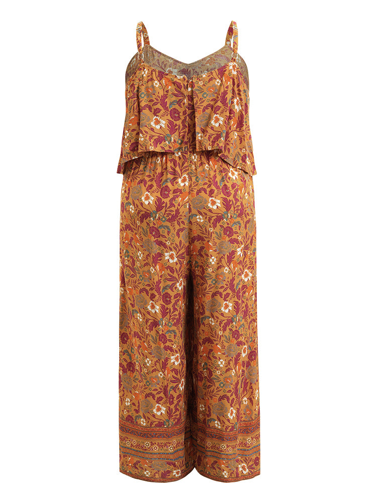 Bandana Print Ruffle Trim Pocket Spaghetti Strap Jumpsuit