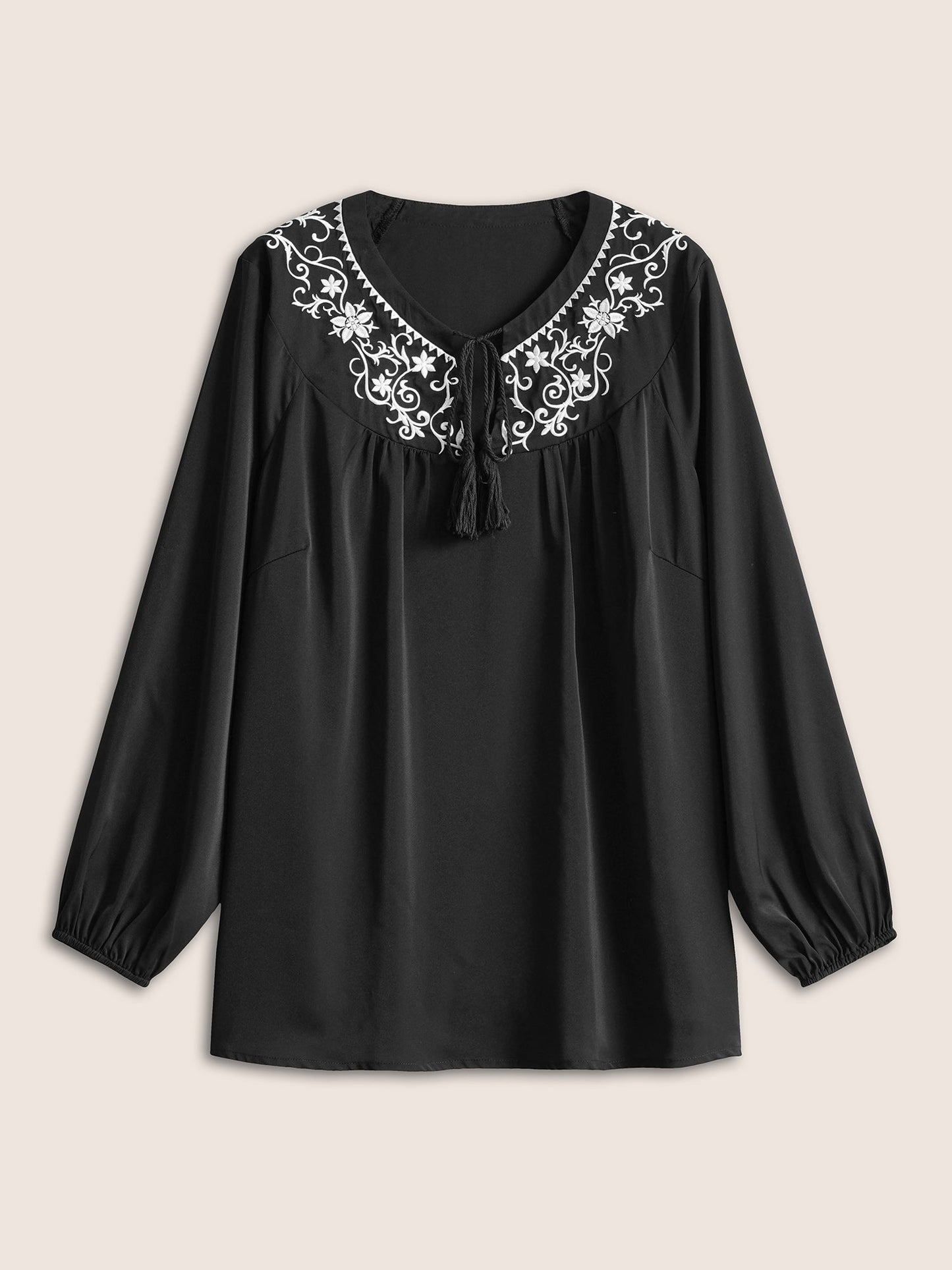 Boho Print Tie Neck Tassels Lantern Sleeve Blouse