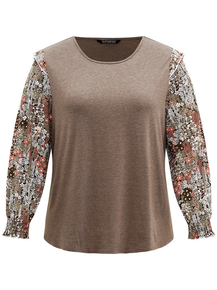 Floral Print Shirred Cuffs Ruffle Trim T-shirt