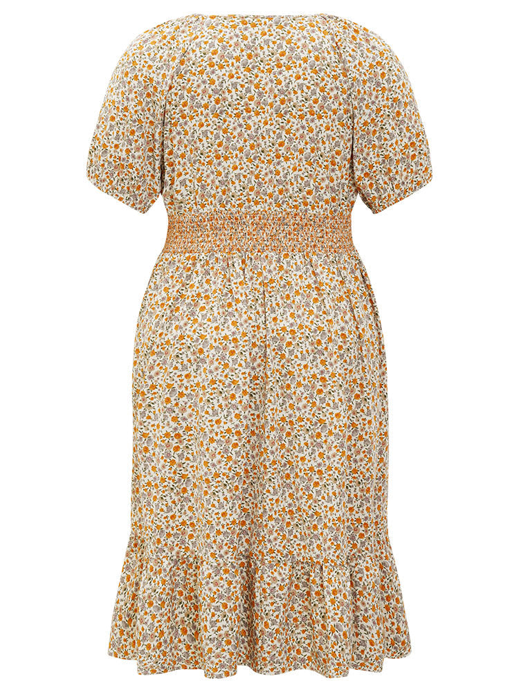 Ditsy Floral Pocket Puff Sleeve Shirred Ruffle Trim Dress