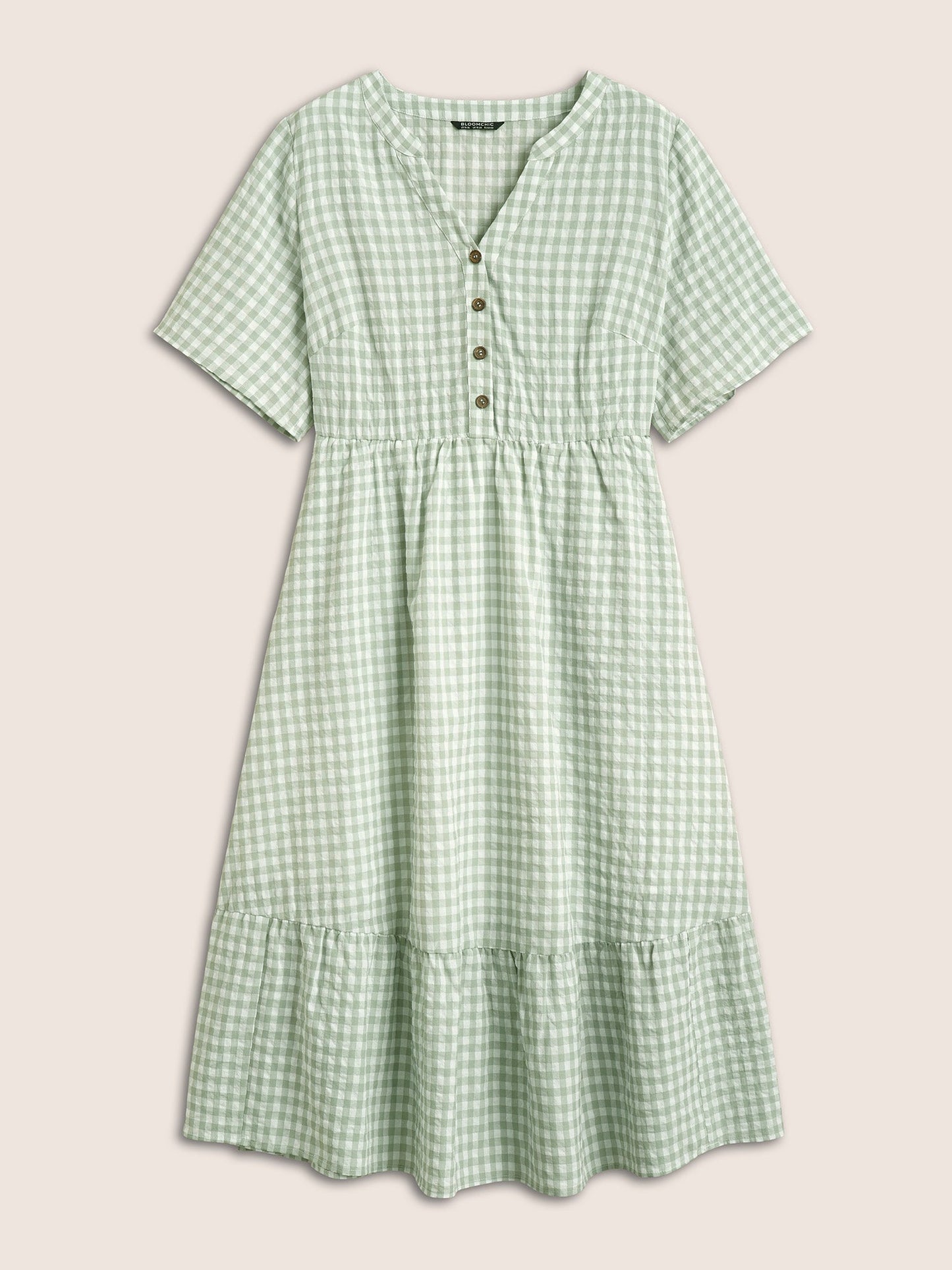 Gingham Notched Elastic Waist Flutter Sleeve Dress